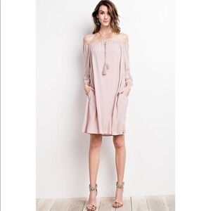 Off Shoulder Crochet Detail Bell Sleeve Dress